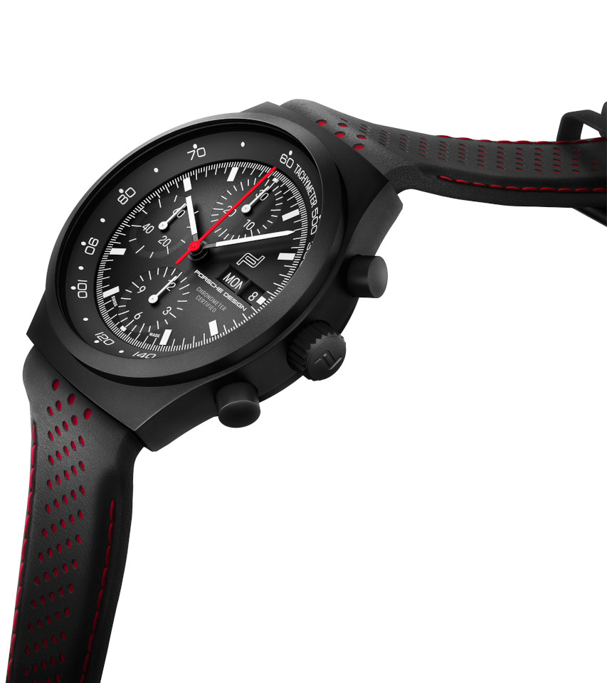 Porsche Design Ennstal Classic mit schwarz-rotem Lederband seitlich