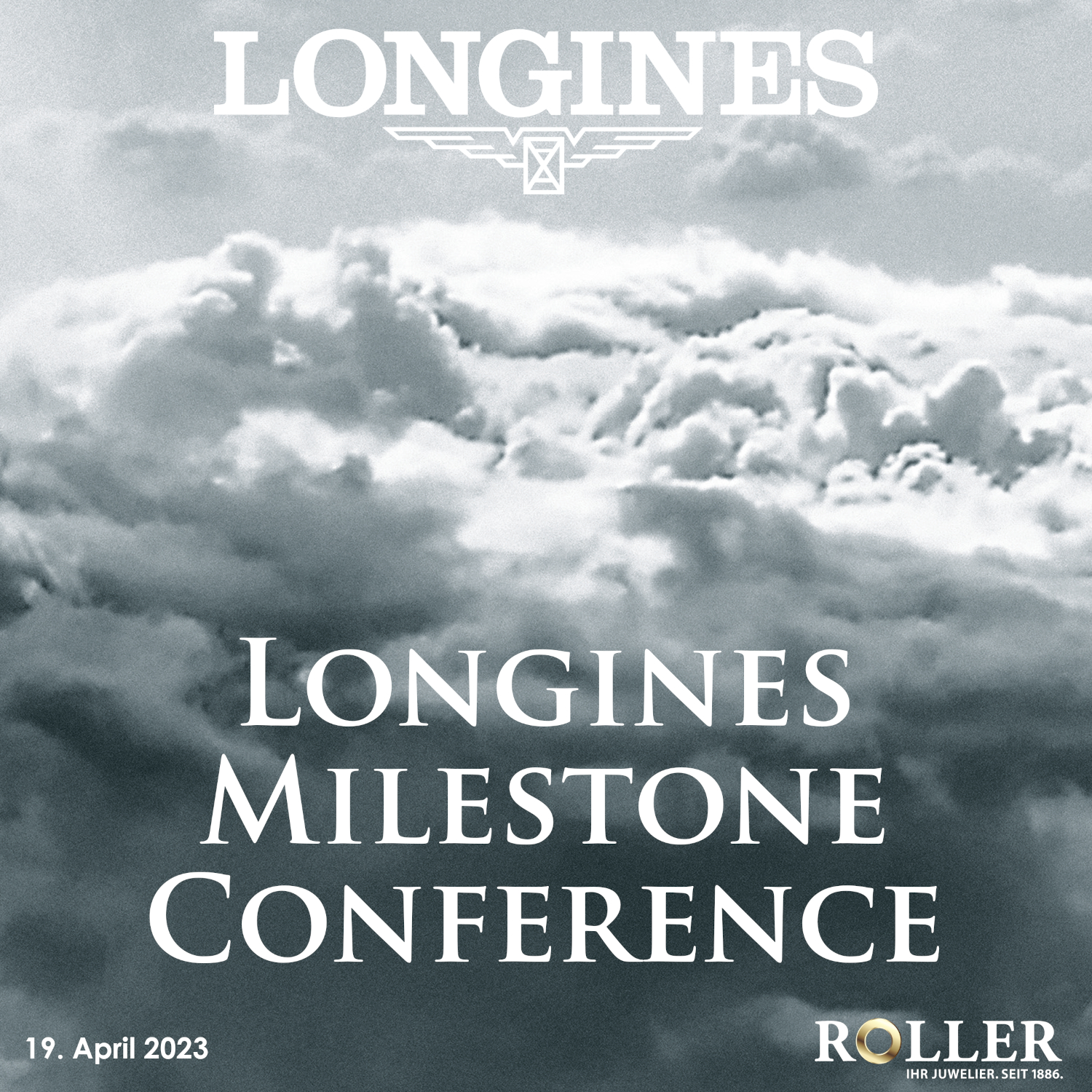 News Teaserbild - Longines Milestone Conference am 19.04.2023 bei Juwelier Roller - weiße Schrift vor Wolkenhintergrund