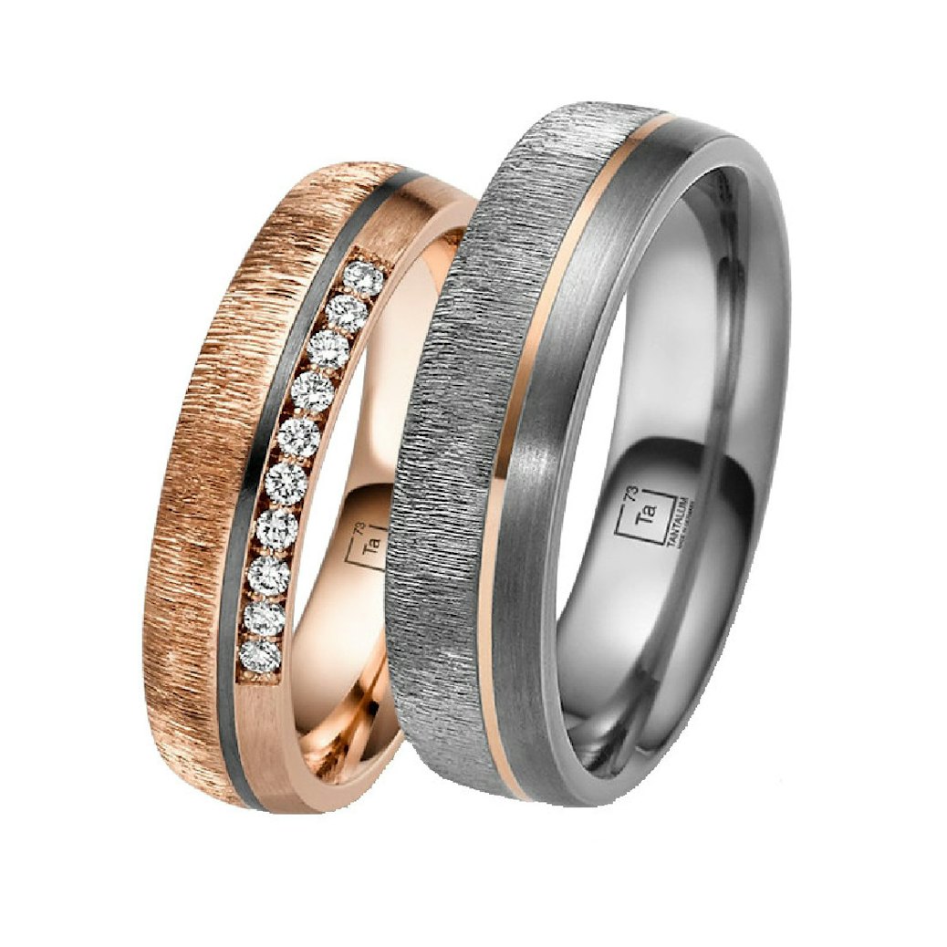 Tantalum Trauringpaar aus Tantal und Rotgold