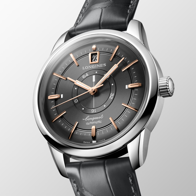 Neuheiten 2024 - Bildgalerie Longines Conquest Heritage Central Power Reserve mit grauem Zifferblatt und Lederband