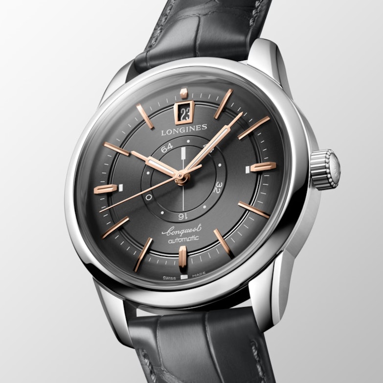 Neuheiten 2024 - Bildgalerie Longines Conquest Heritage Central Power Reserve mit grauem Zifferblatt und Lederband