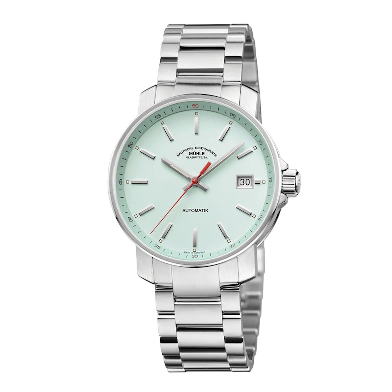 Neuheiten 2024 - Bildgalerie Mühle Glashütte 29er Modell mit mint Zifferblatt und Metallband