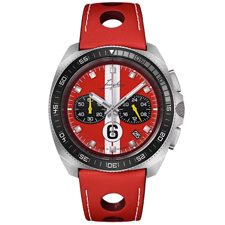 Neuheiten 2024 - Bildgalerie Junghans 1972 Chronoscope Sports Edition mit rotem Zifferblatt und Lederband