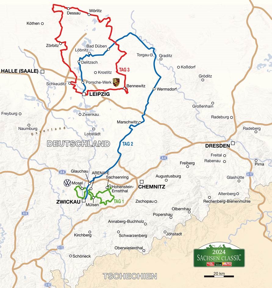 Streckenplan der Oldtimer-Rallye Sachsen Classic 2024
