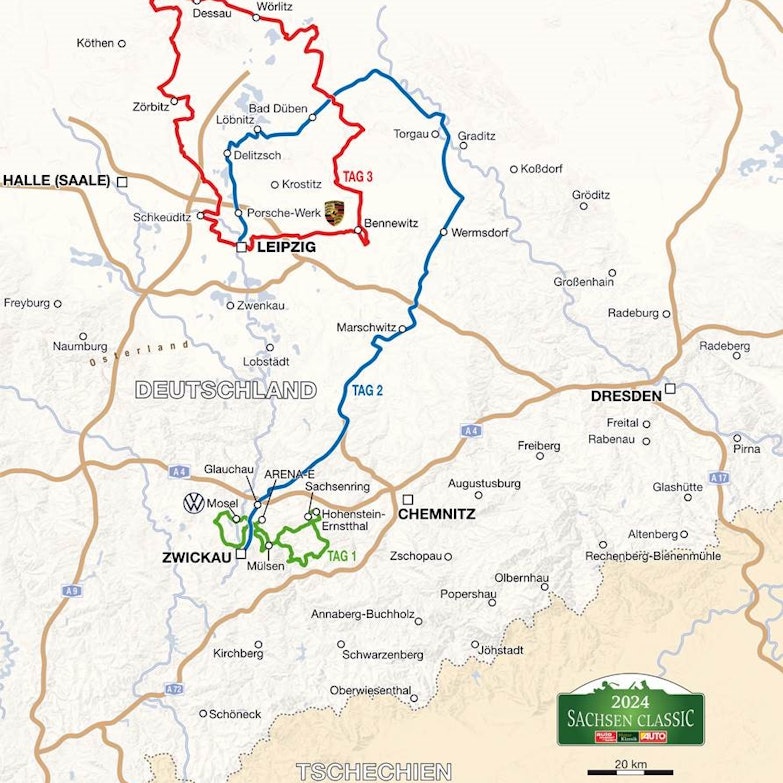 Streckenplan der Oldtimer-Rallye Sachsen Classic 2024