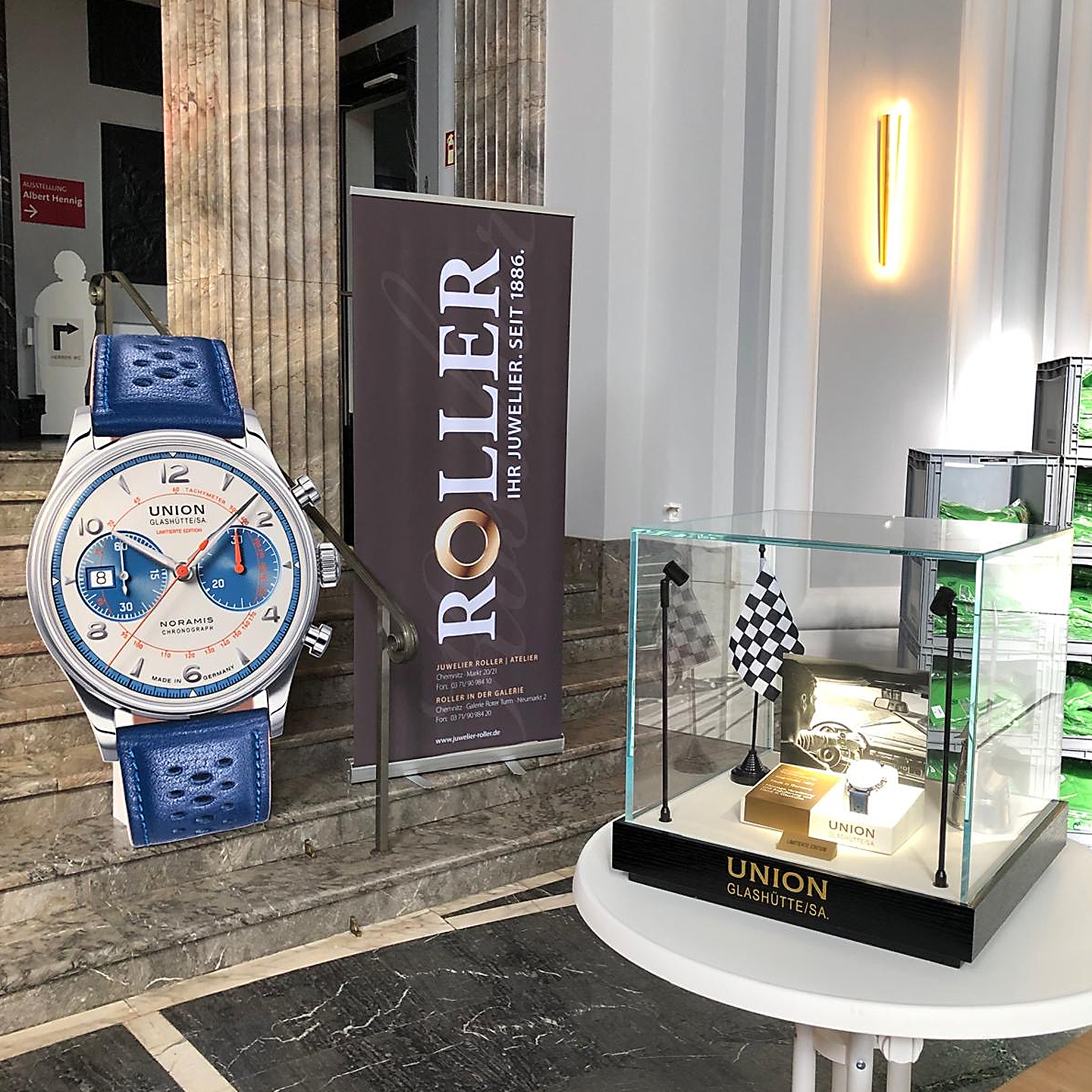 Newsbeitrag Sachsen Classic 2024 - Tag 1 Akkreditierung und aufgebauter Union Glashütte Uhrentisch