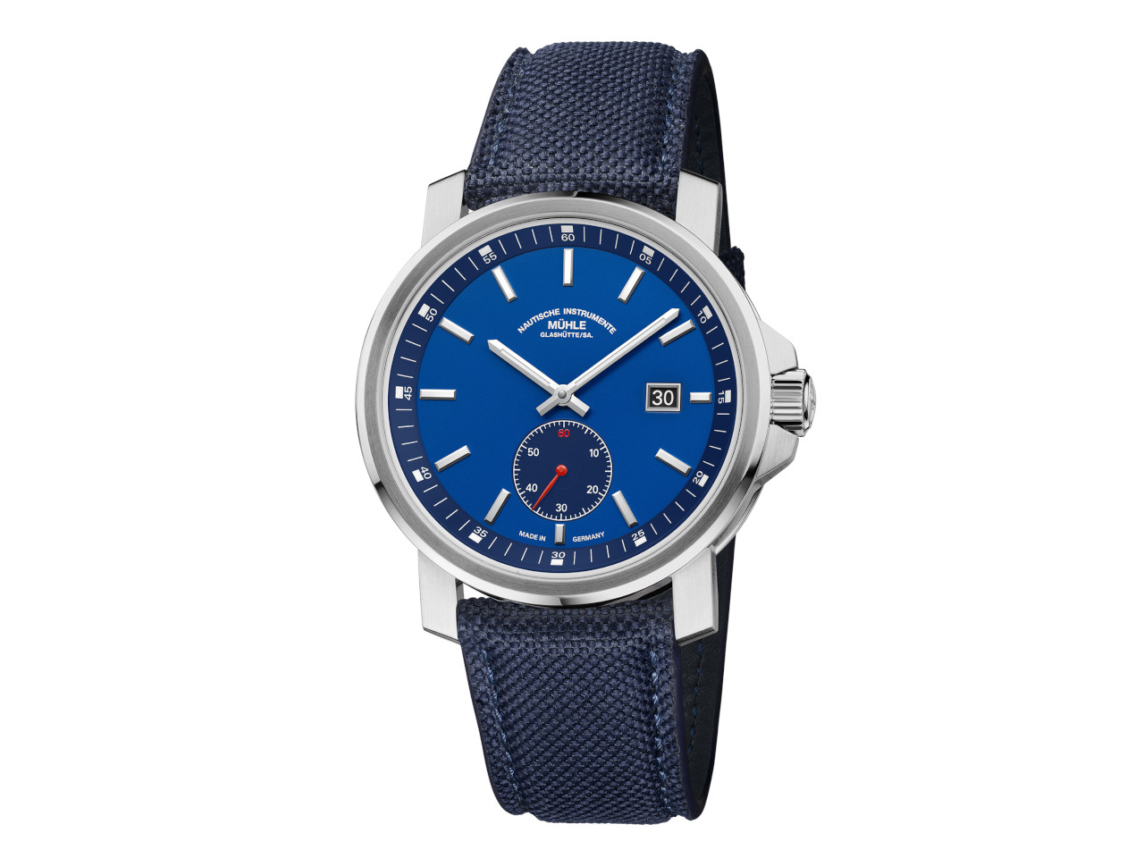 Mühle Glashütte 29er Big Kleine Sekunde blaues Zifferblatt blaues Textilband