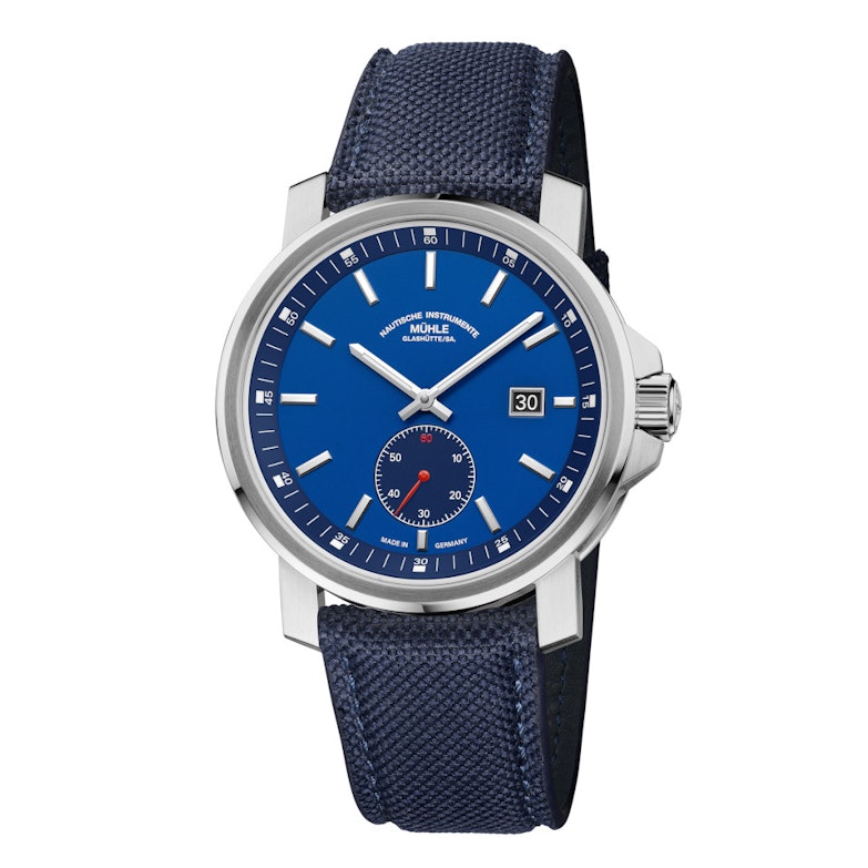 Mühle Glashütte 29er Big Kleine Sekunde blaues Zifferblatt blaues Textilband