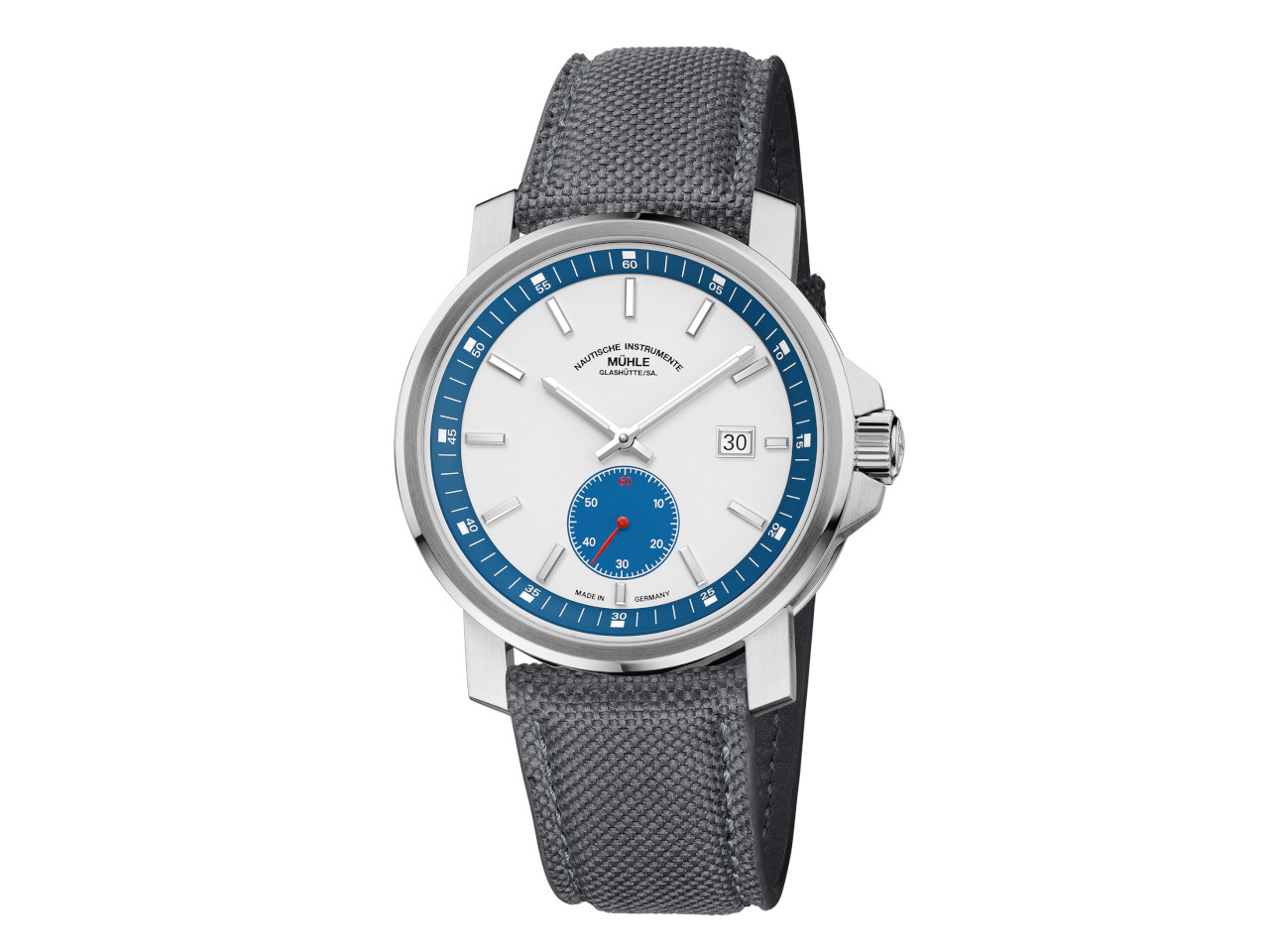 Mühle Glashütte 29er Big Kleine Sekunde weißes Zifferblatt graues Textilband