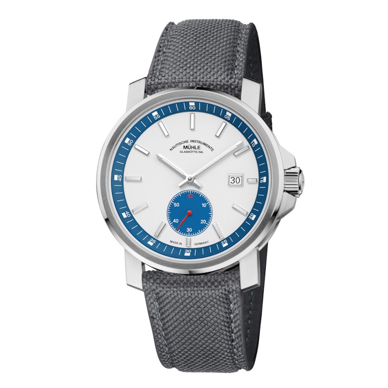 Mühle Glashütte 29er Big Kleine Sekunde weißes Zifferblatt graues Textilband