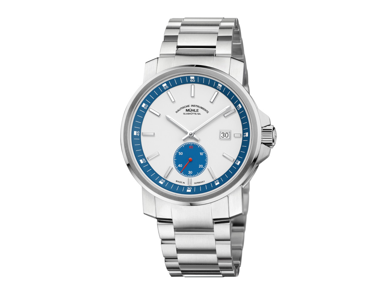 Mühle Glashütte 29er Big Kleine Sekunde weißes Zifferblatt Metallband