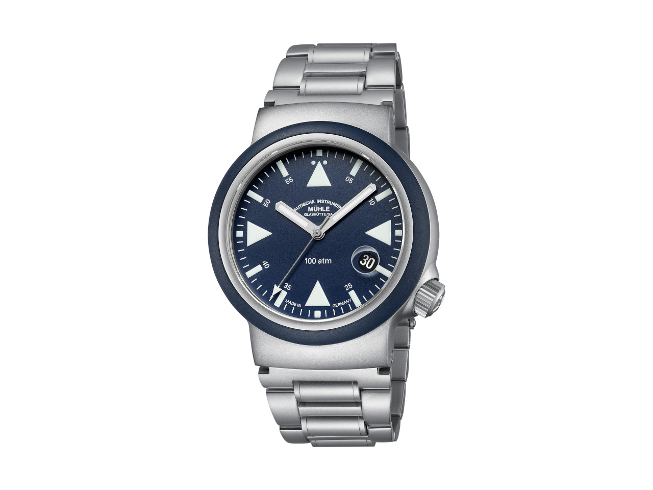 Mühle Glashütte S.A.R. Rescue-Timer Nautikblau blaues Zifferblatt Metallband