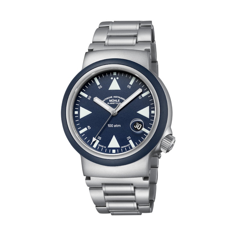 Mühle Glashütte S.A.R. Rescue-Timer Nautikblau blaues Zifferblatt Metallband