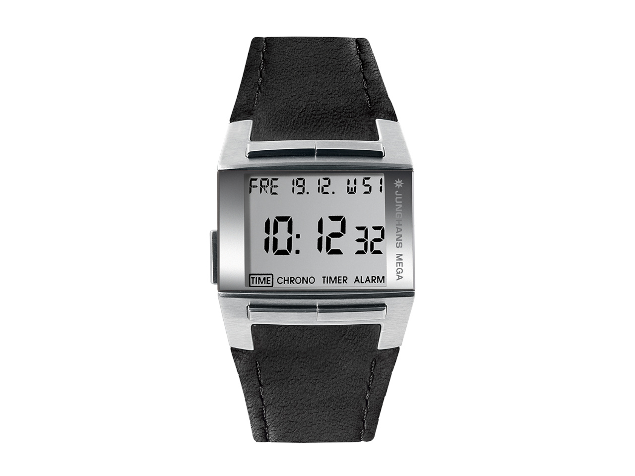 Junghans MEGA1000 weiße Anzeige schwarzes Lederband