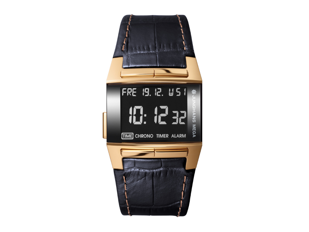 Junghans MEGA1000 schwarze Anzeige blaues Lederband