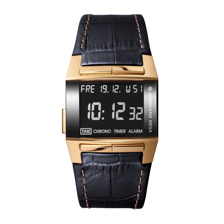 Junghans MEGA1000 schwarze Anzeige blaues Lederband