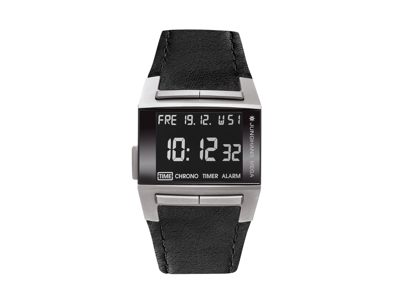Junghans MEGA1000 schwarze Anzeige schwarzes Lederband