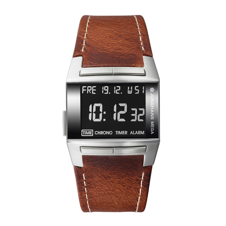 Junghans MEGA1000 schwarze Anzeige braunes Lederband