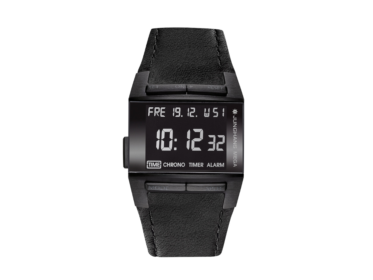 Junghans MEGA1000 schwarze Anzeige schwarzes Lederband