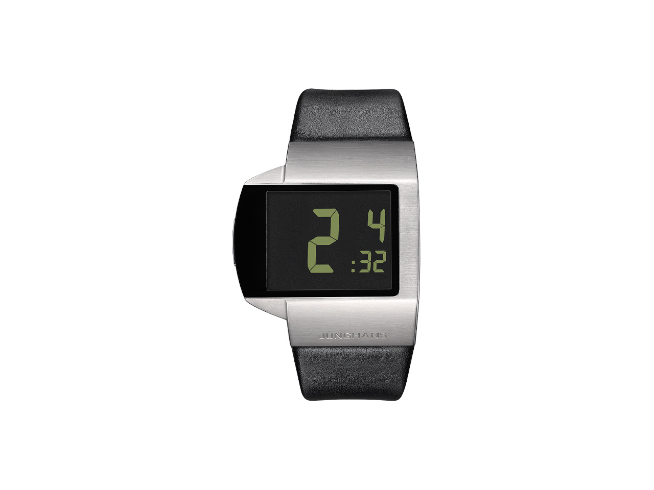 Junghans Mega Futura schwarze Anzeige schwarzes Lederband