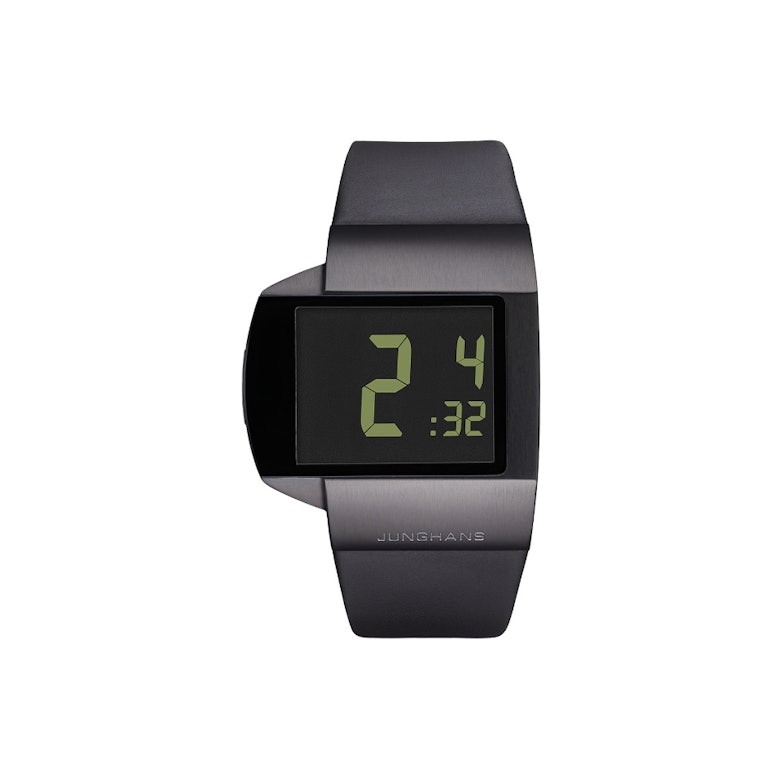 Junghans Mega Futura schwarze Anzeige schwarzes Lederband