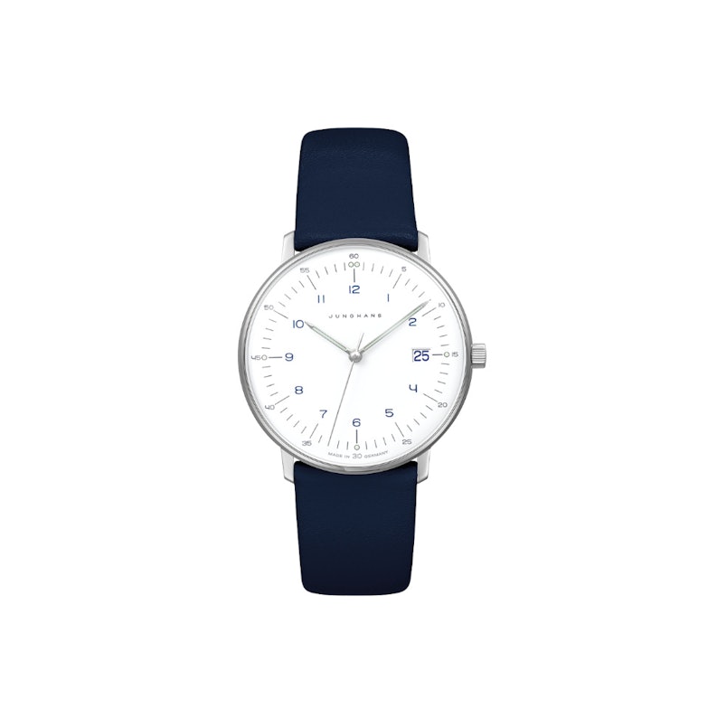 Junghans Max Bill Damen weißes Zifferblatt dunkelblaues Lederband