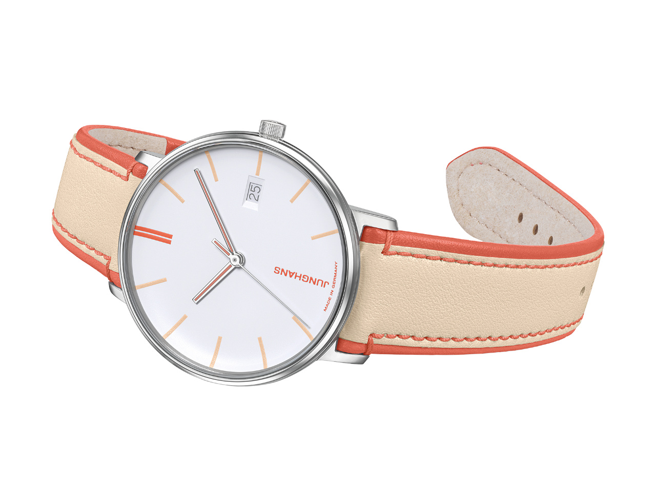 Junghans Form Damen weißes Zifferblatt beiges Lederband Ansicht