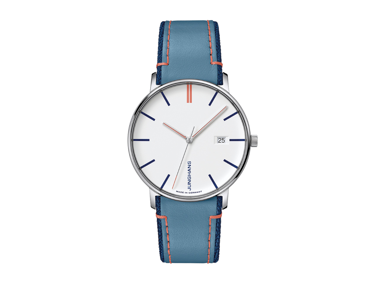 Junghans Form Damen weißes Zifferblatt blaues Lederband