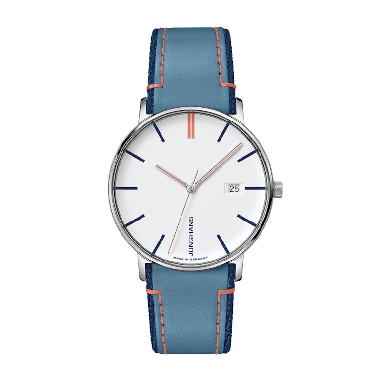Junghans Form Damen weißes Zifferblatt blaues Lederband