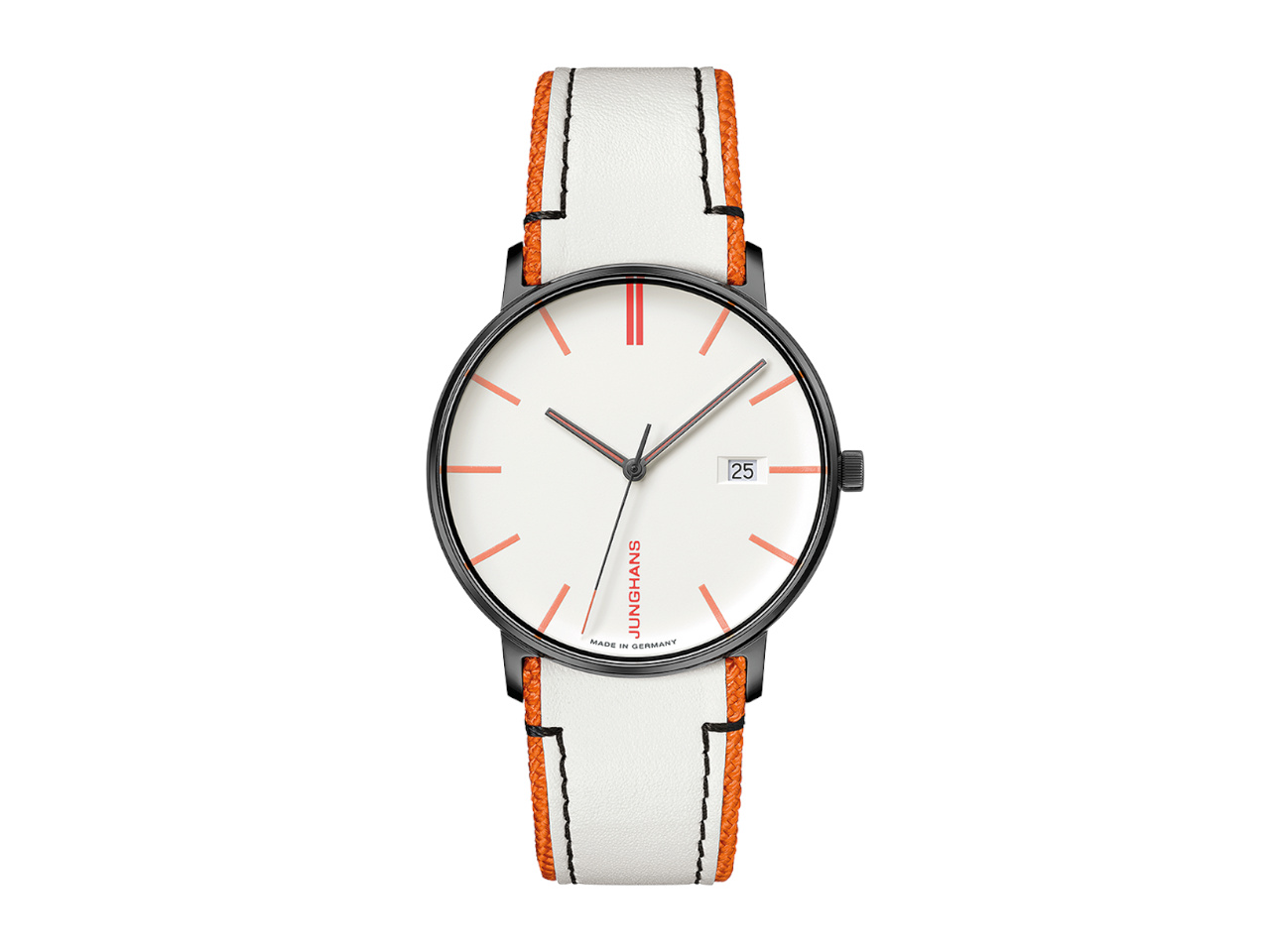 Junghans Form Quarz weißes Zifferblatt weißes Lederband