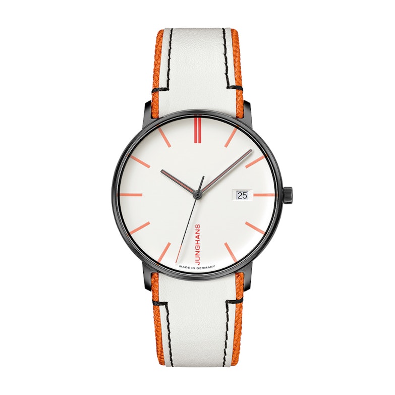 Junghans Form Quarz weißes Zifferblatt weißes Lederband