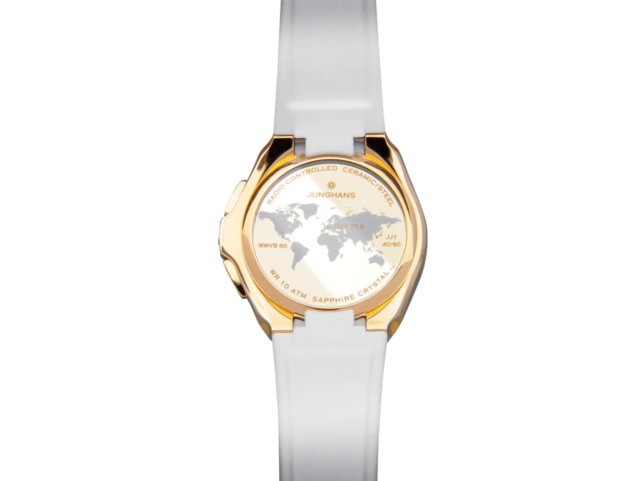 Junghans Spektrum Damen Perlmutt-Zifferblatt weißes Kautschukband Gehäuserückseite