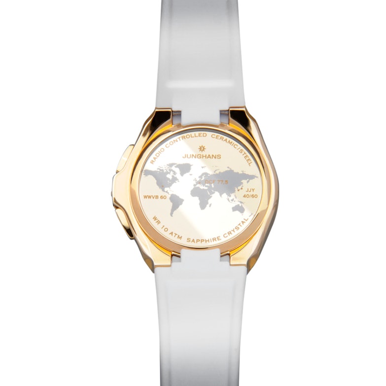 Junghans Spektrum Damen Perlmutt-Zifferblatt weißes Kautschukband Gehäuserückseite