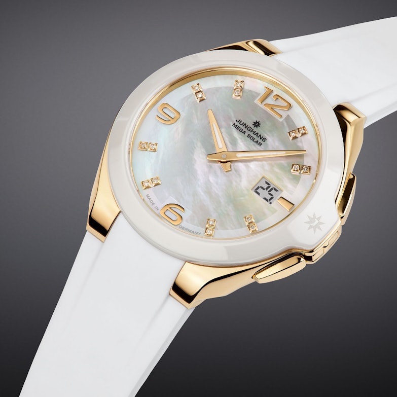 Junghans Spektrum Damen Perlmutt-Zifferblatt weißes Kautschukband Ansicht