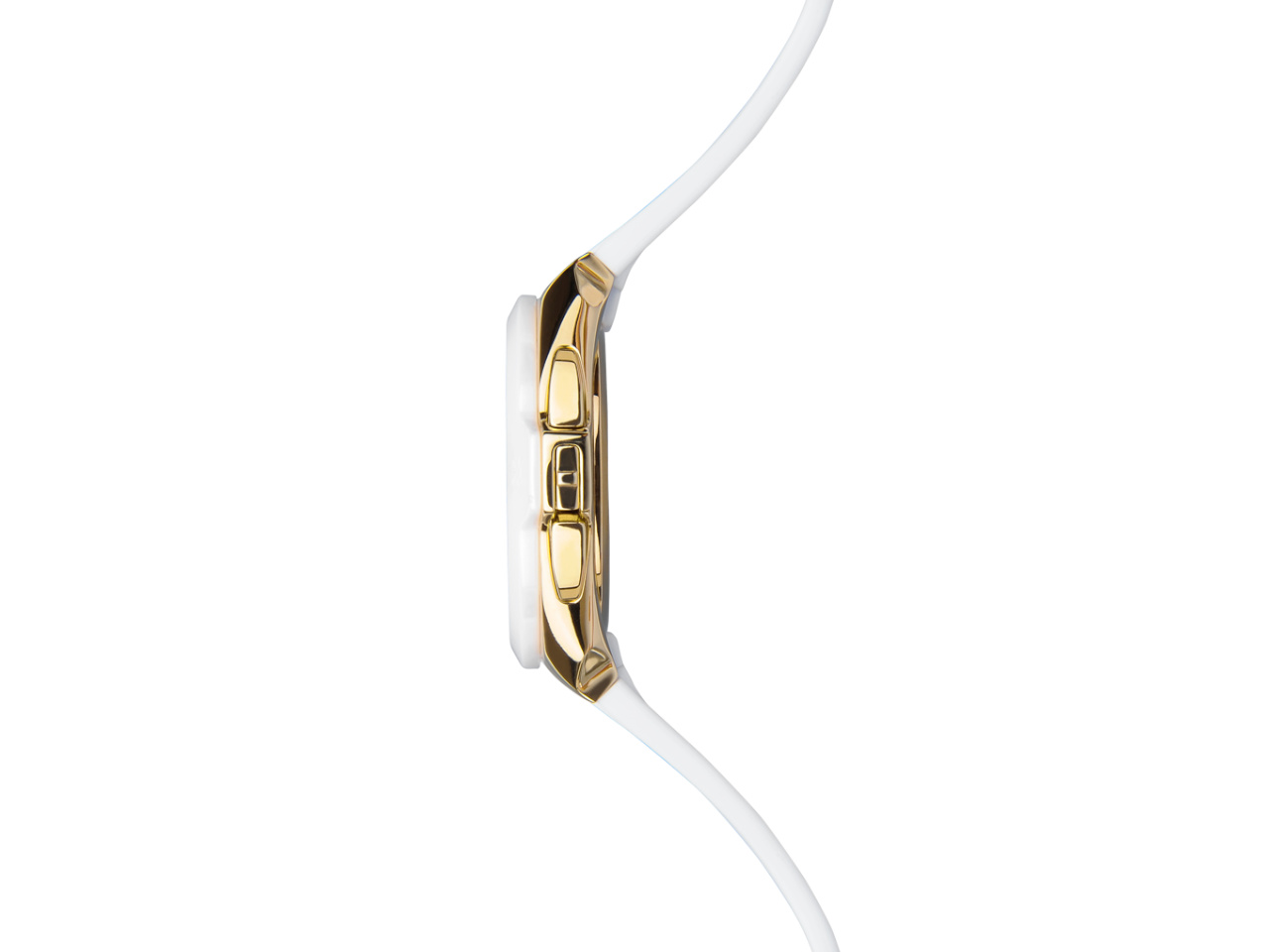 Junghans Spektrum Damen Perlmutt-Zifferblatt weißes Kautschukband Seitenansicht