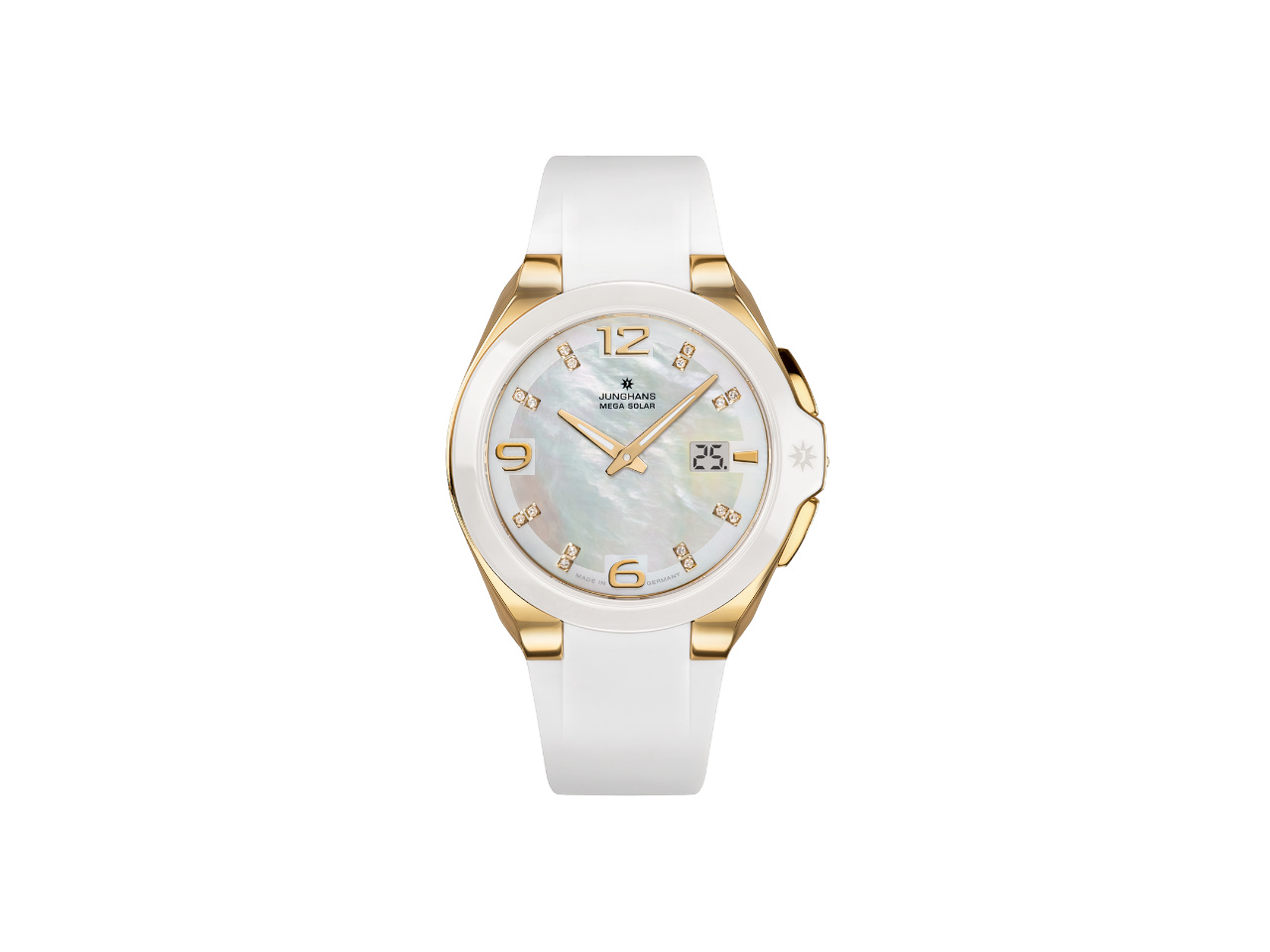 Junghans Spektrum Damen Perlmutt-Zifferblatt weißes Kautschukband