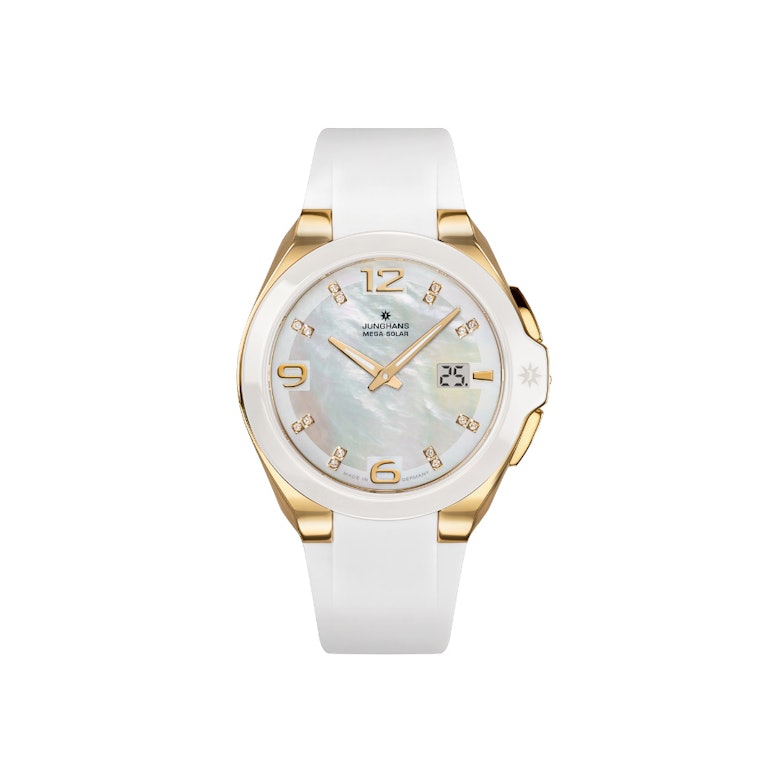 Junghans Spektrum Damen Perlmutt-Zifferblatt weißes Kautschukband