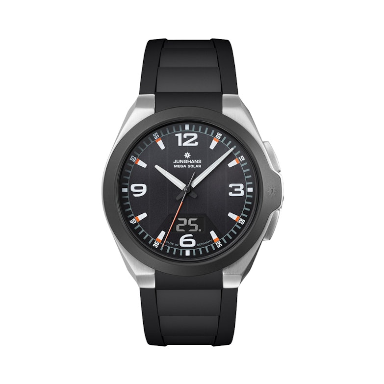Junghans Spektrum Mega Solar schwarzes Zifferblatt blaues Kautschukband