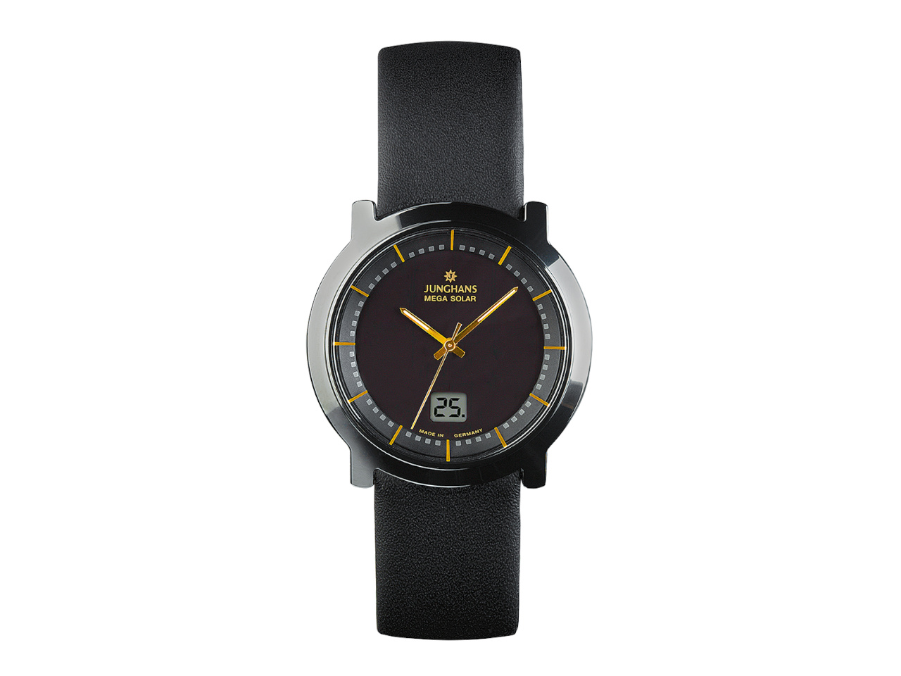 Junghans Stratos Mega Solar schwarzes Zifferblatt schwarzes Lederband