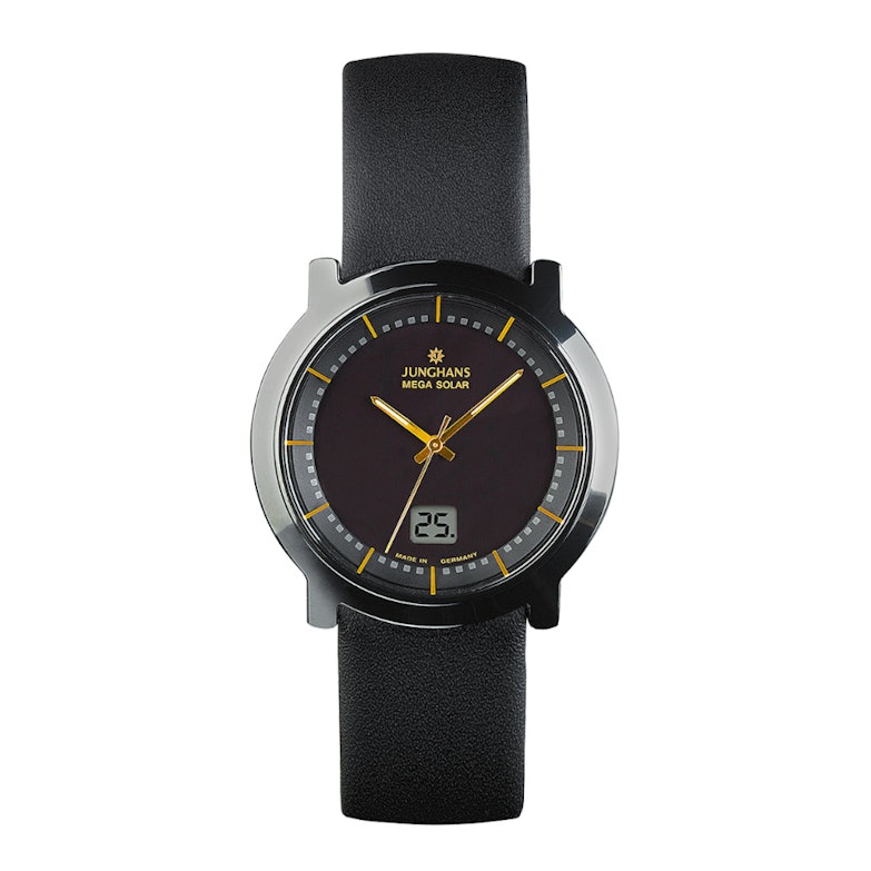 Junghans Stratos Mega Solar schwarzes Zifferblatt schwarzes Lederband