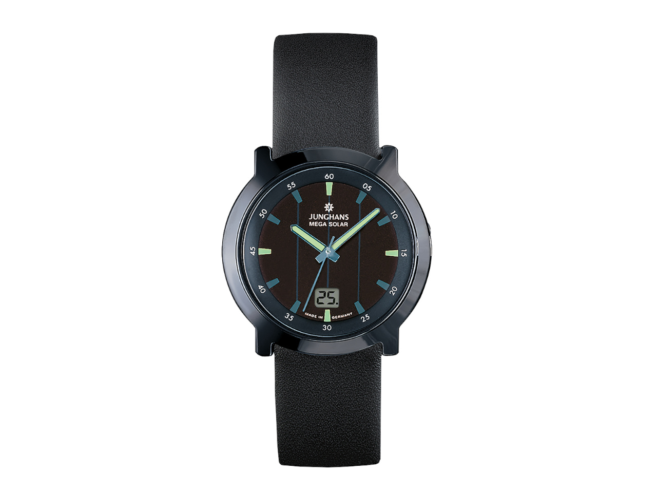 Junghans Stratos Mega Solar schwarzes Zifferblatt schwarzes Lederband