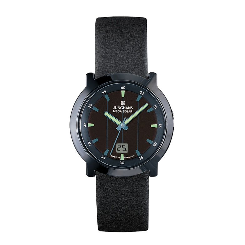 Junghans Stratos Mega Solar schwarzes Zifferblatt schwarzes Lederband