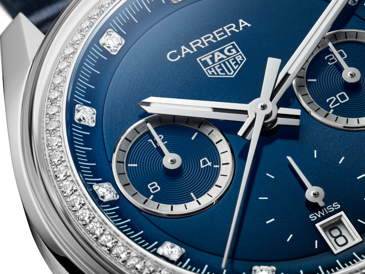TAG Heuer Carrera Chronograph blaues Zifferblatt mit Diamanten blaues Lederband Zifferblatt