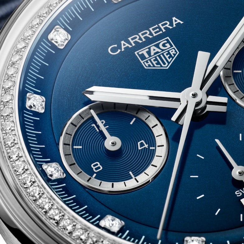 TAG Heuer Carrera Chronograph blaues Zifferblatt mit Diamanten blaues Lederband Zifferblatt