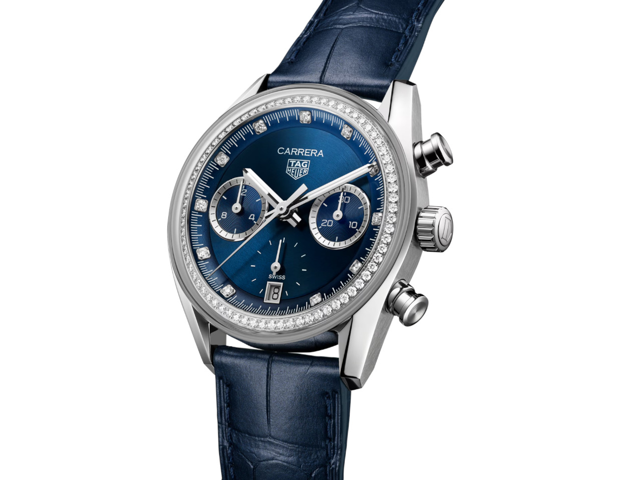 TAG Heuer Carrera Chronograph blaues Zifferblatt mit Diamanten blaues Lederband Ansicht