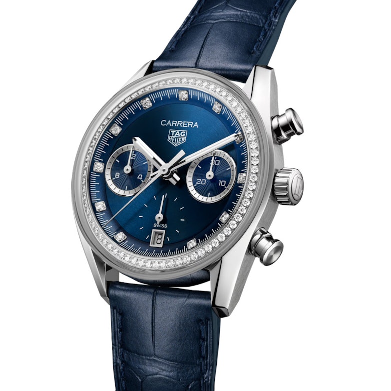 TAG Heuer Carrera Chronograph blaues Zifferblatt mit Diamanten blaues Lederband Ansicht