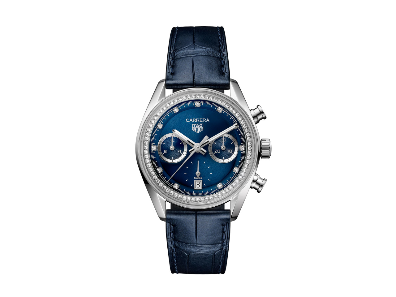 TAG Heuer Carrera Chronograph blaues Zifferblatt mit Diamanten blaues Lederband