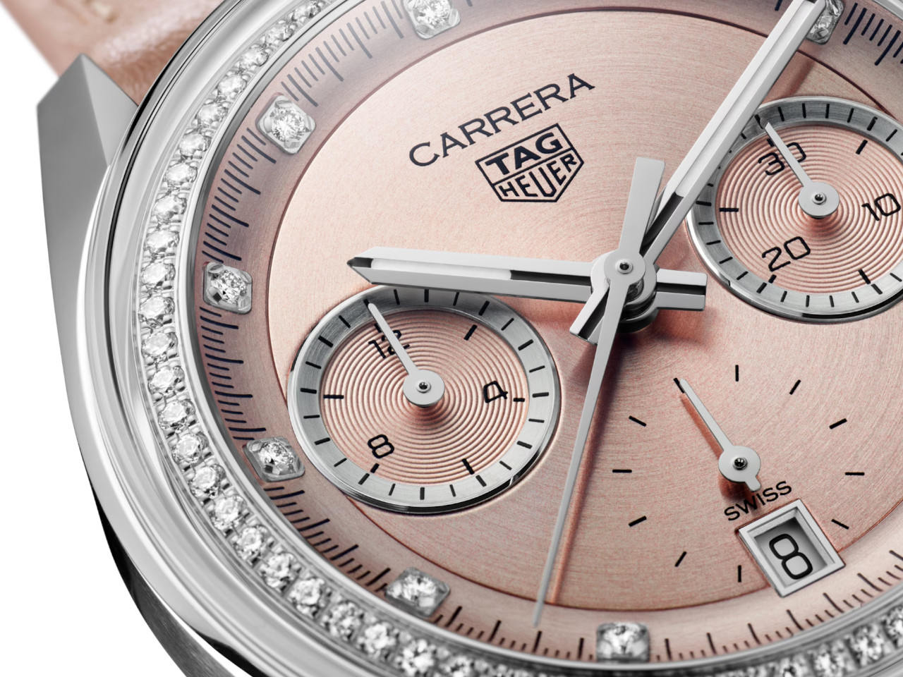 TAG Heuer Carrera Chronograph rosa Zifferblatt mit Diamanten rosa Lederband Zifferblatt