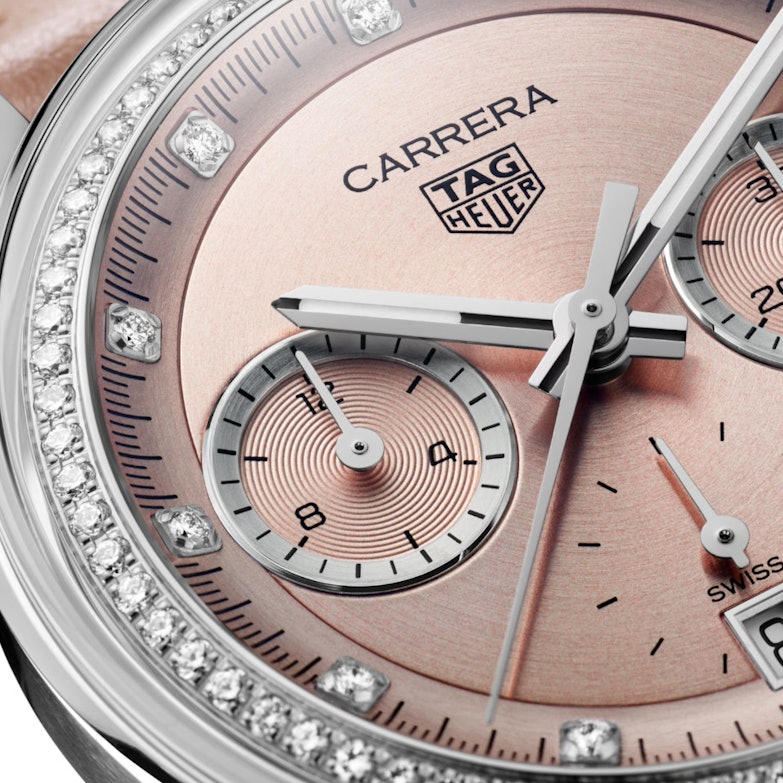 TAG Heuer Carrera Chronograph rosa Zifferblatt mit Diamanten rosa Lederband Zifferblatt