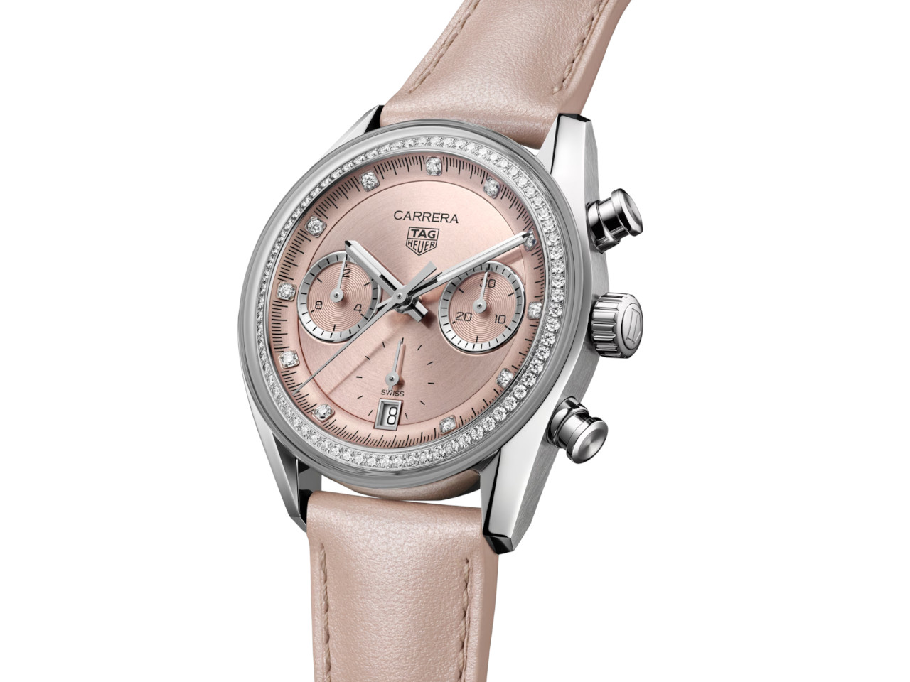 TAG Heuer Carrera Chronograph Automatik Edelstahl 39mm rosa Zifferblatt mit Diamanten rosa Lederband Ansicht